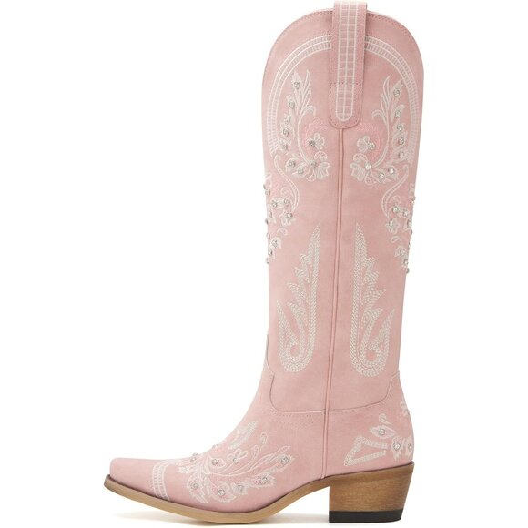 Women Faux Leather Pink Rhinestones Embroidered Chunky Heel Knee High Boot - Picture 2 of 7